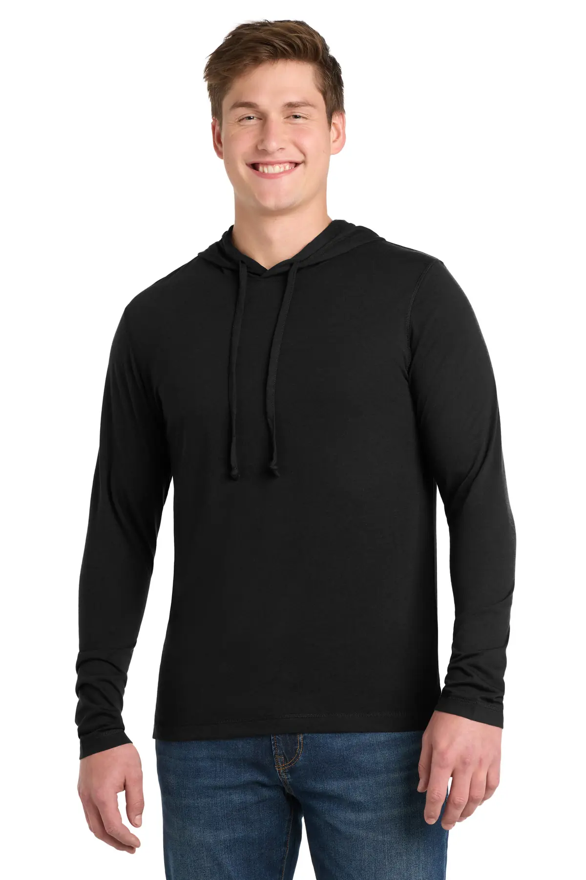 Sport-Tek PosiCharge Tri-Blend Wicking Long Sleeve Hoodie in Black Triad Solid