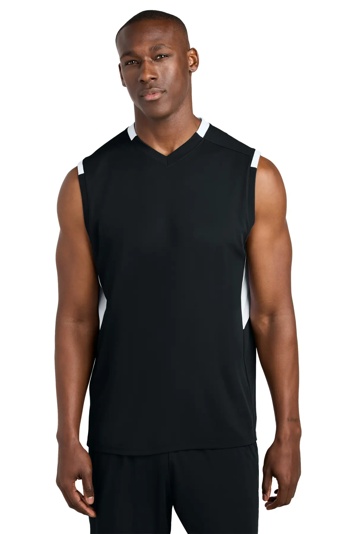 Sport-Tek Club Sleeveless V-Neck in Black/ White