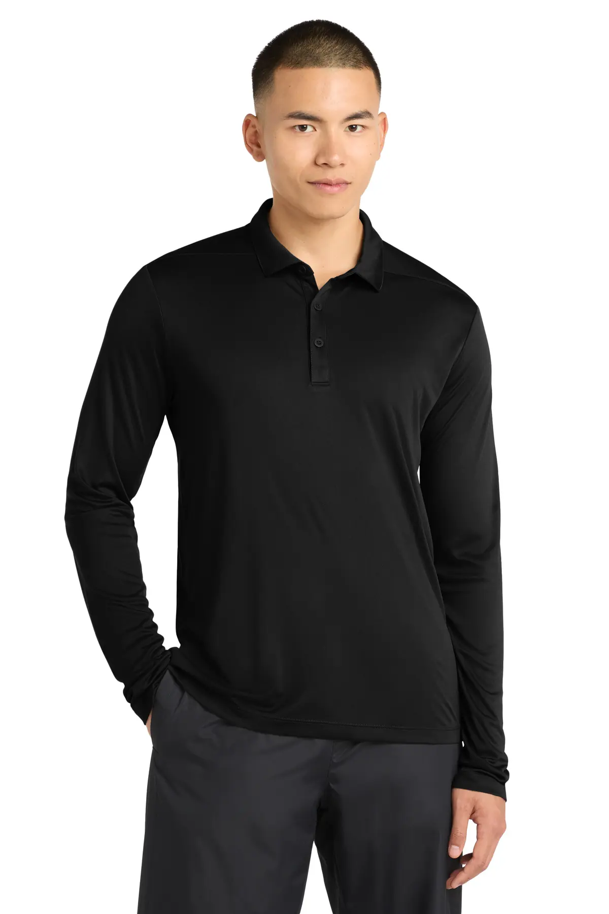 Sport-Tek Posi-UV Pro Long Sleeve Polo. in Black