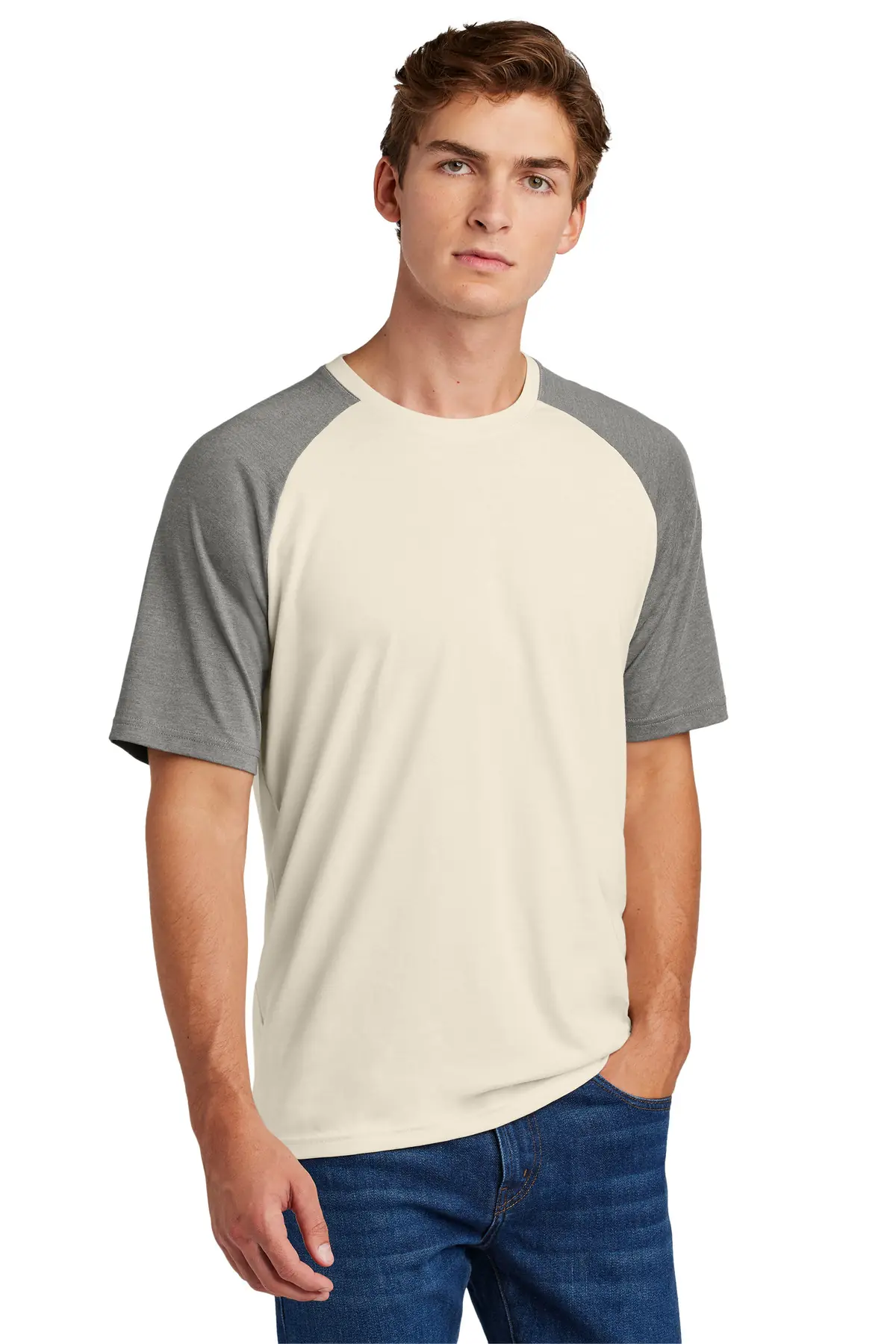 Sport-Tek Halftime Raglan Tee in Vintage Heather/ Ecru