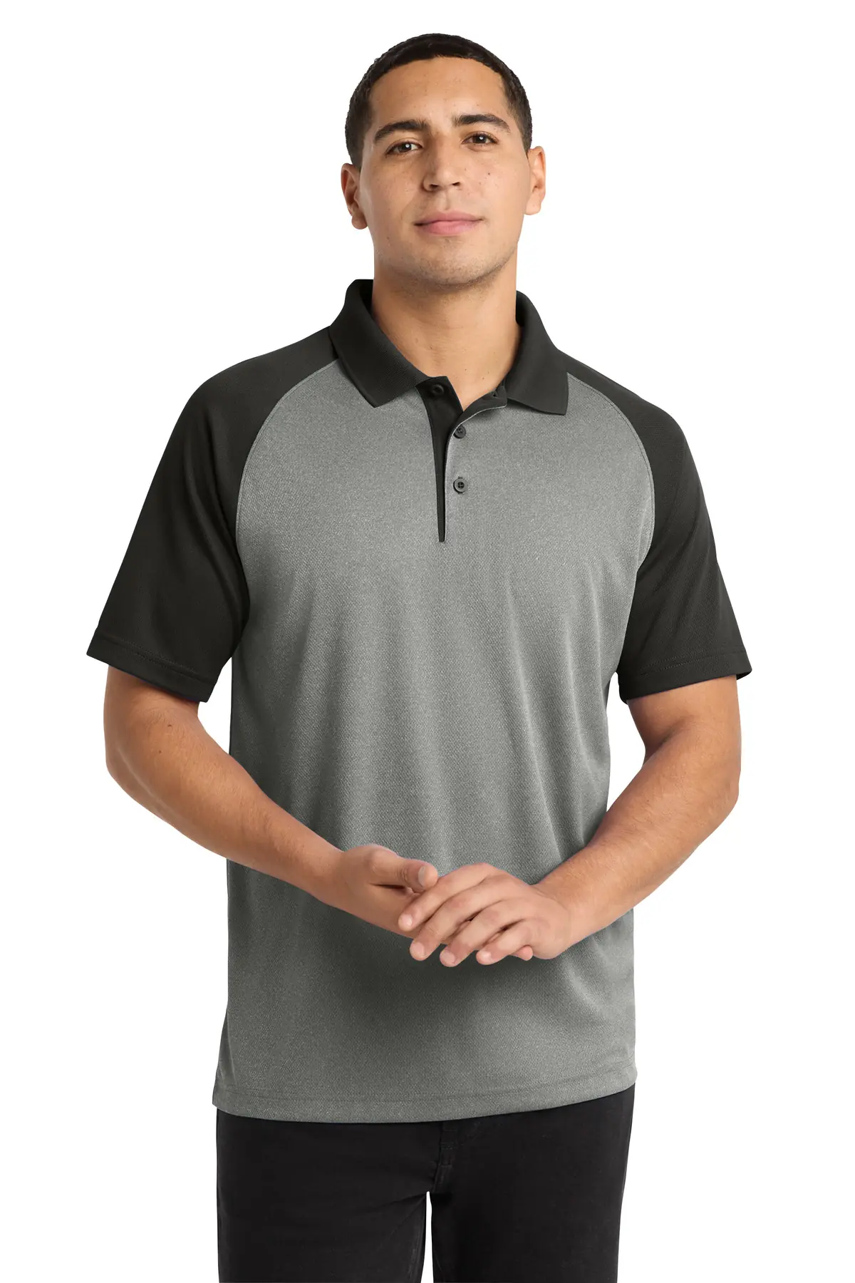 Sport-Tek PosiCharge RacerMesh Raglan Heather Block Polo. in Grey Heather/ Black
