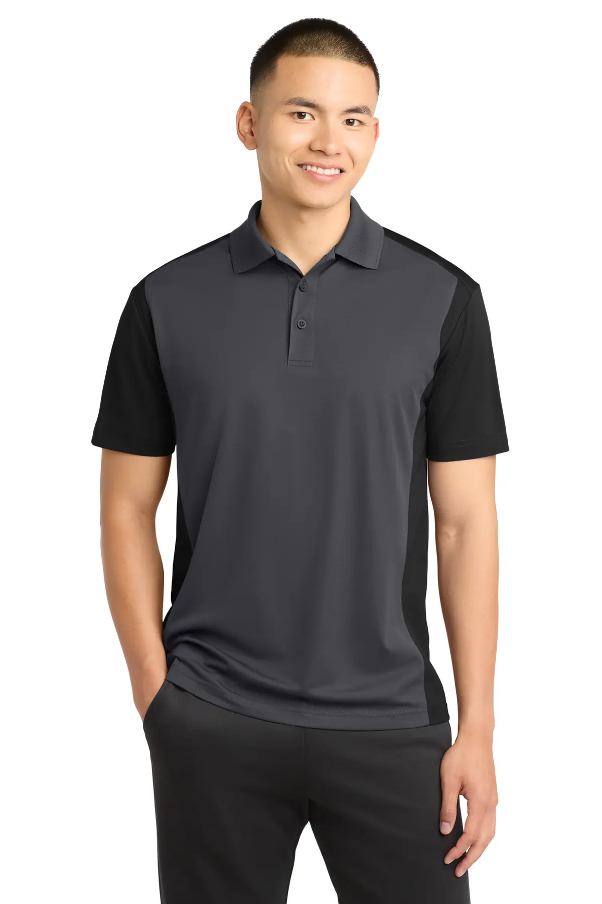 Sport-Tek Colorblock Micropique Sport-Wick Polo. in Iron Grey/ Black