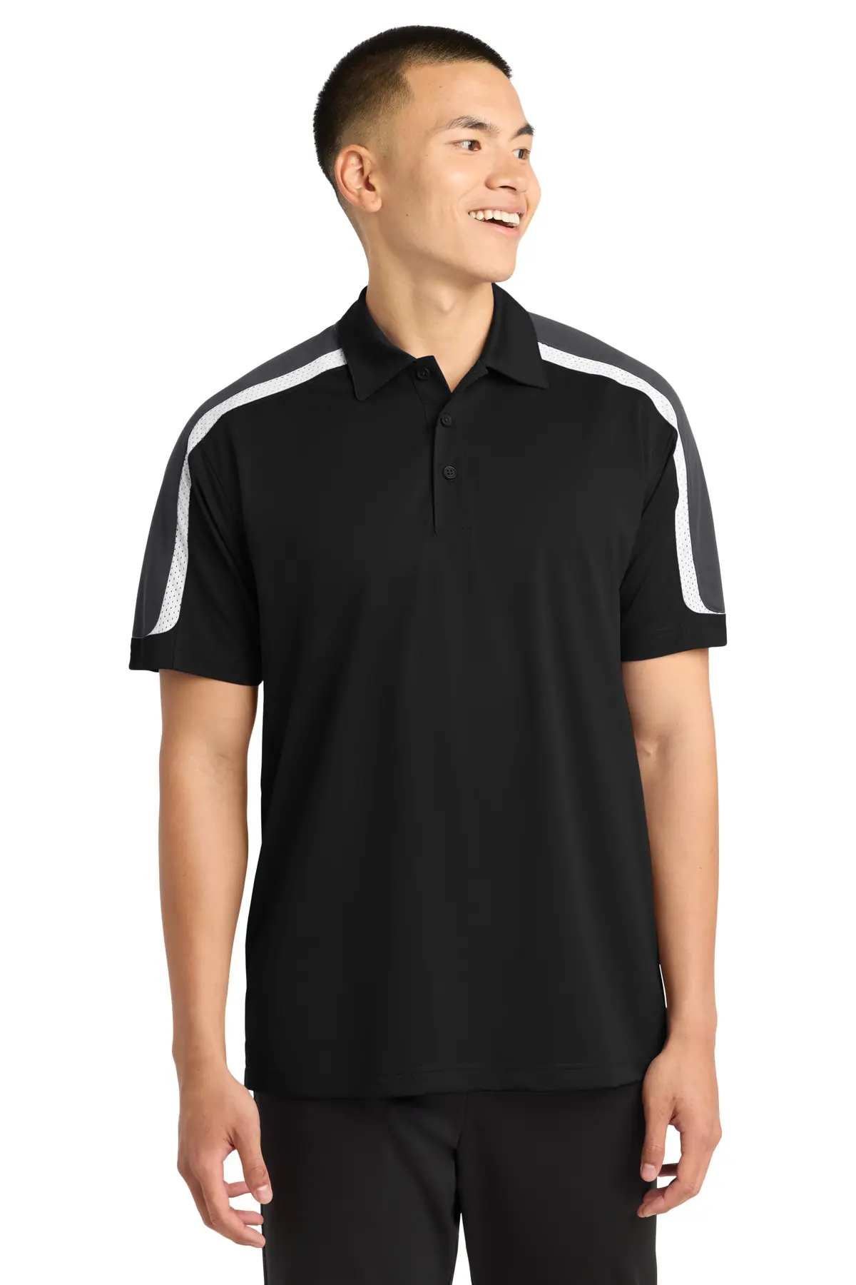 Sport-Tek Tricolor Shoulder Micropique Sport-Wick Polo. in Black/ Iron Grey/ White