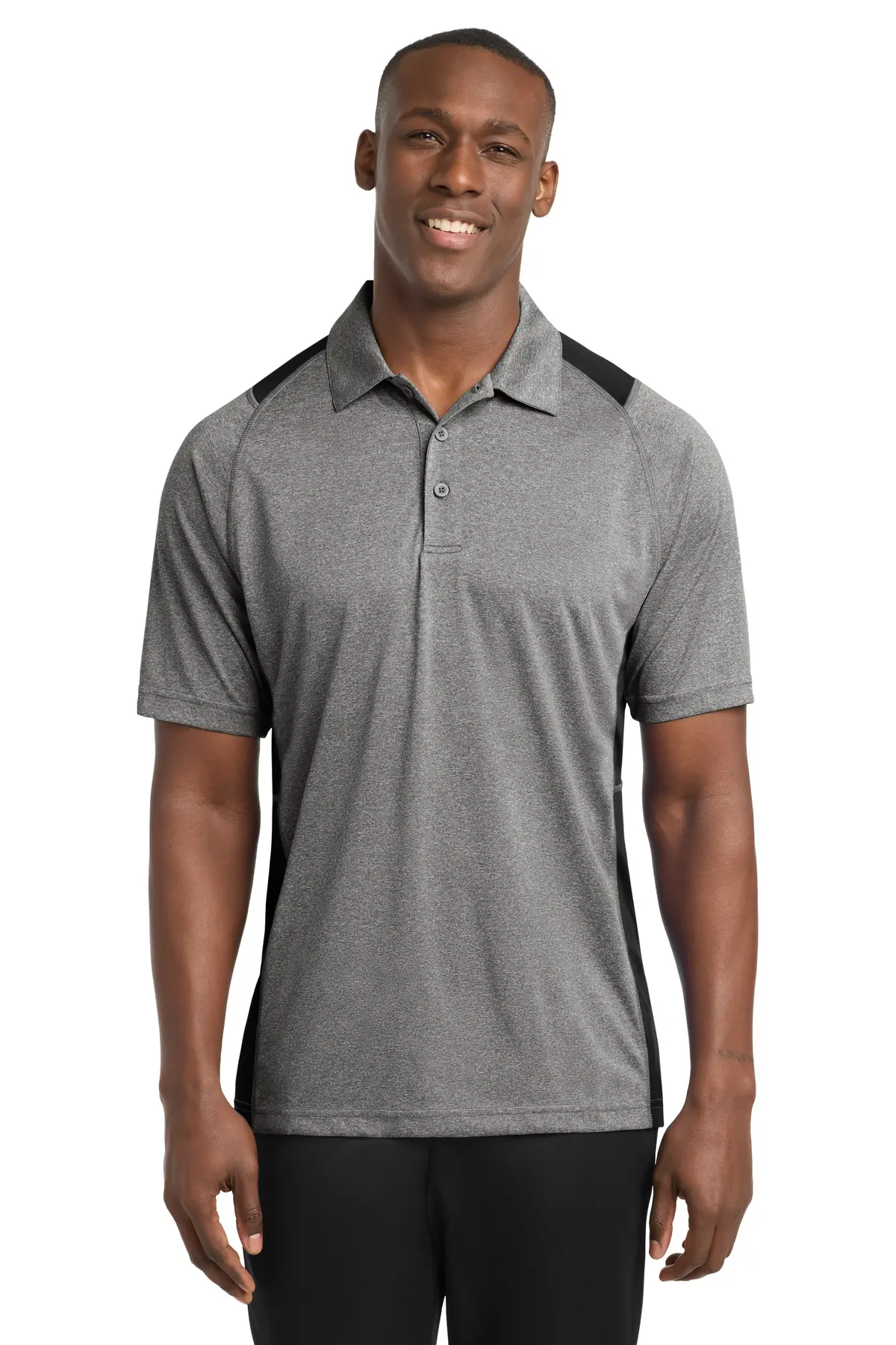 Sport-Tek Heather Colorblock Contender Polo. in Vintage Heather/ Black