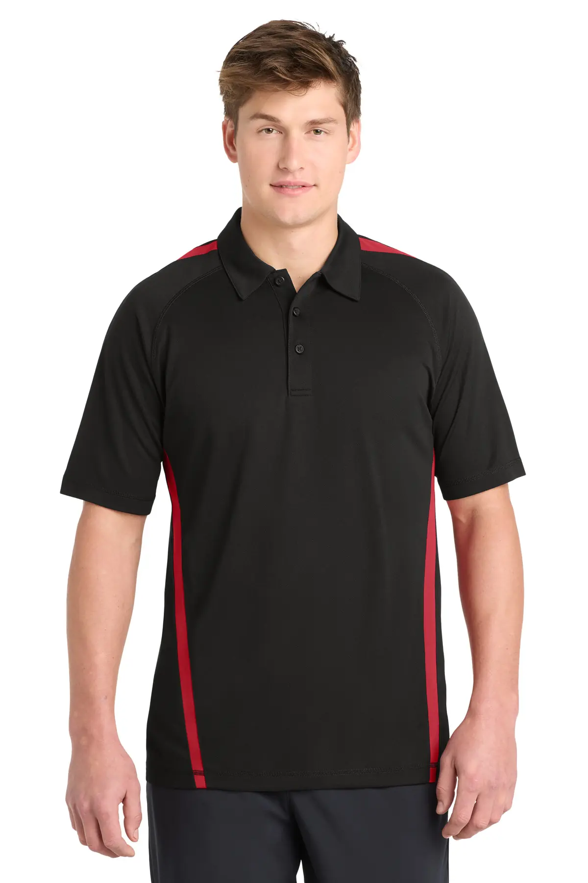 Sport-Tek PosiCharge Micro-Mesh Colorblock Polo. in Black/ Red