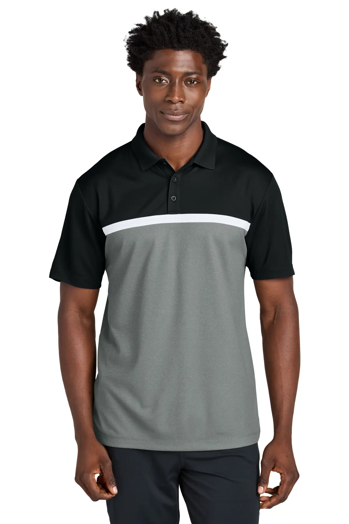 Sport-Tek UV Micropique Colorblock Polo in Black/ Grey Concrete Heather/ White