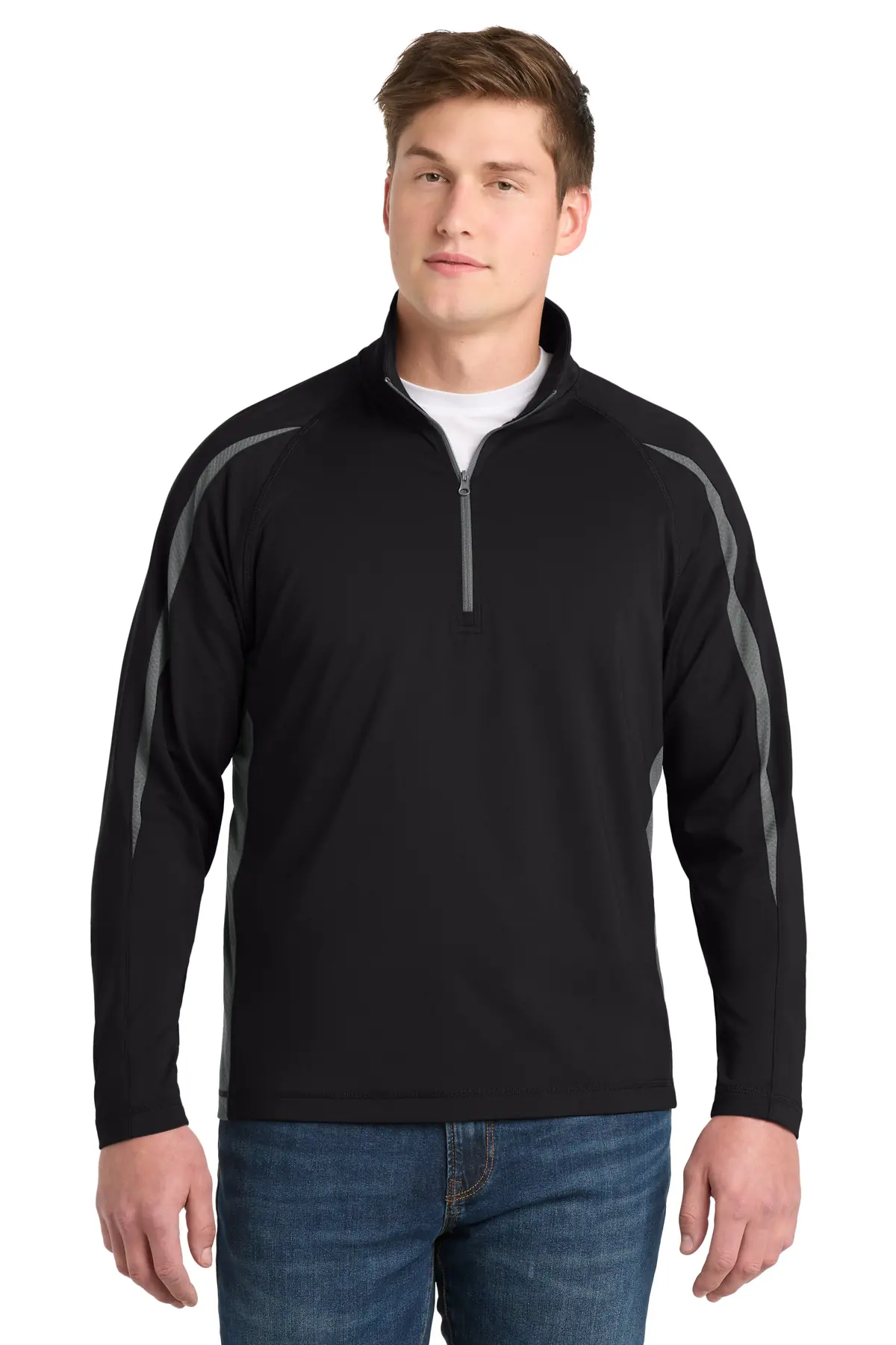 Sport-Tek Sport-Wick Stretch 1/4-Zip Colorblock Pullover. in Black/ Charcoal Grey
