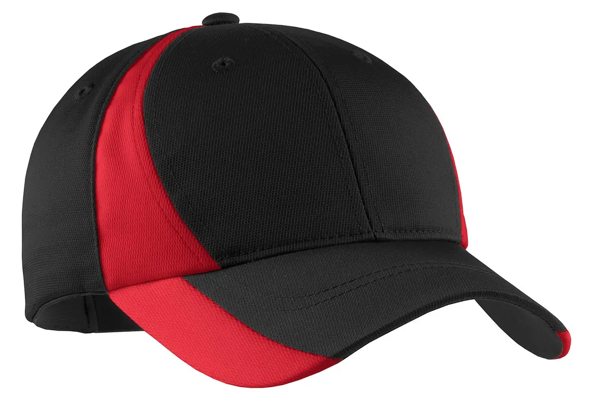 Sport-Tek Dry Zone Nylon Colorblock Cap. in Black/ True Red