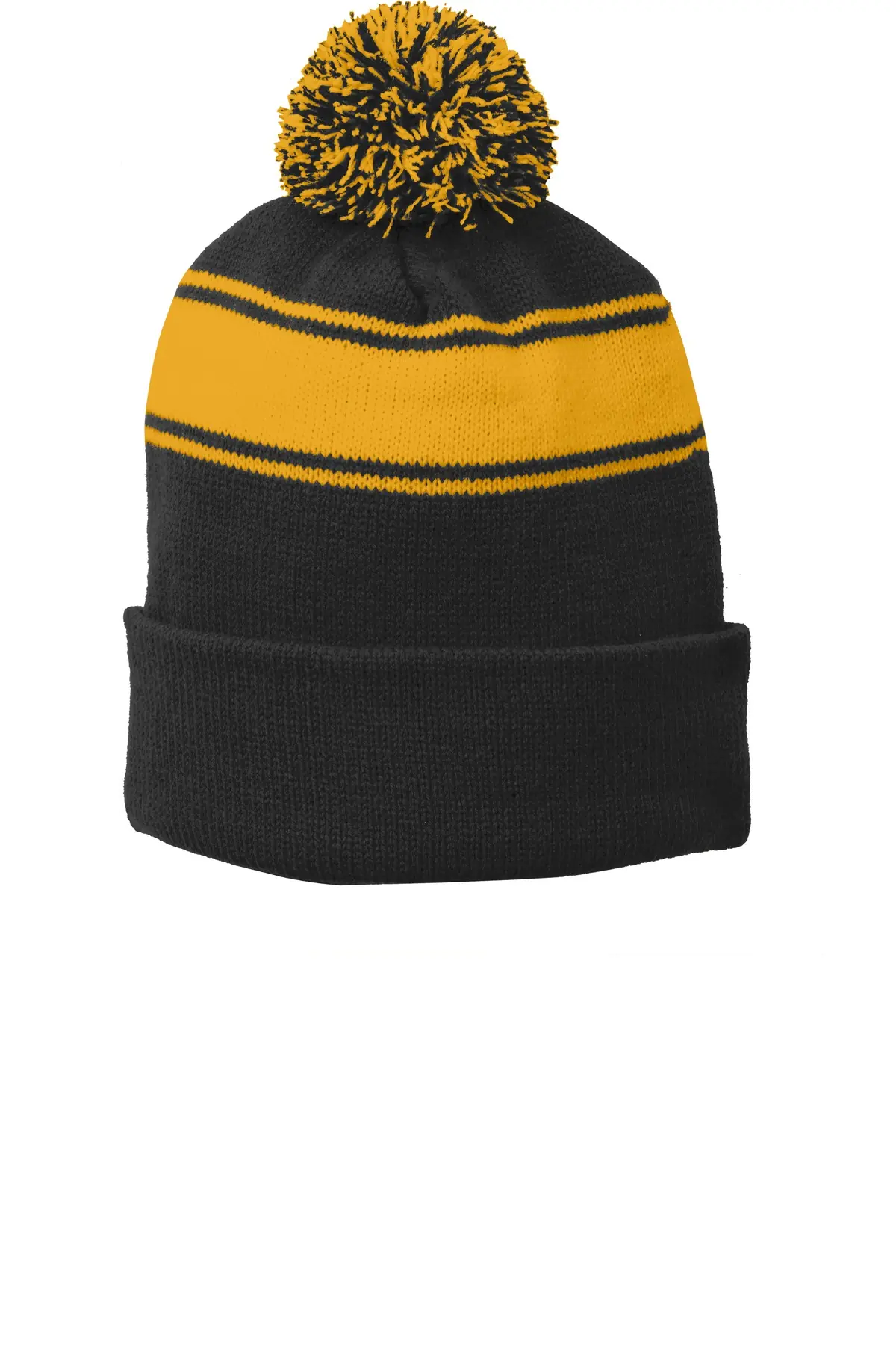 Sport-Tek Stripe Pom Pom Beanie. in Black/ Gold