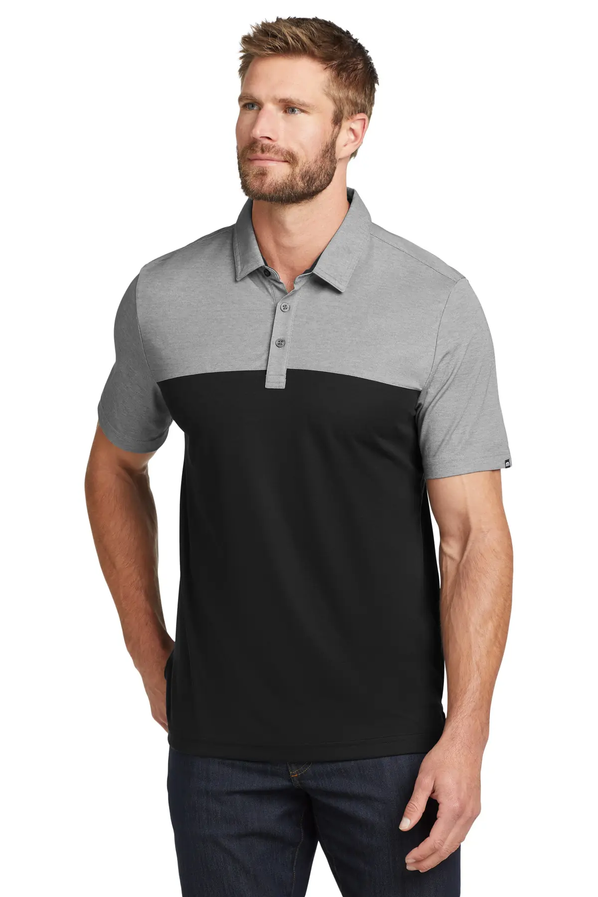 TravisMathew Oceanside Blocked Polo. in Black Heather/ Black