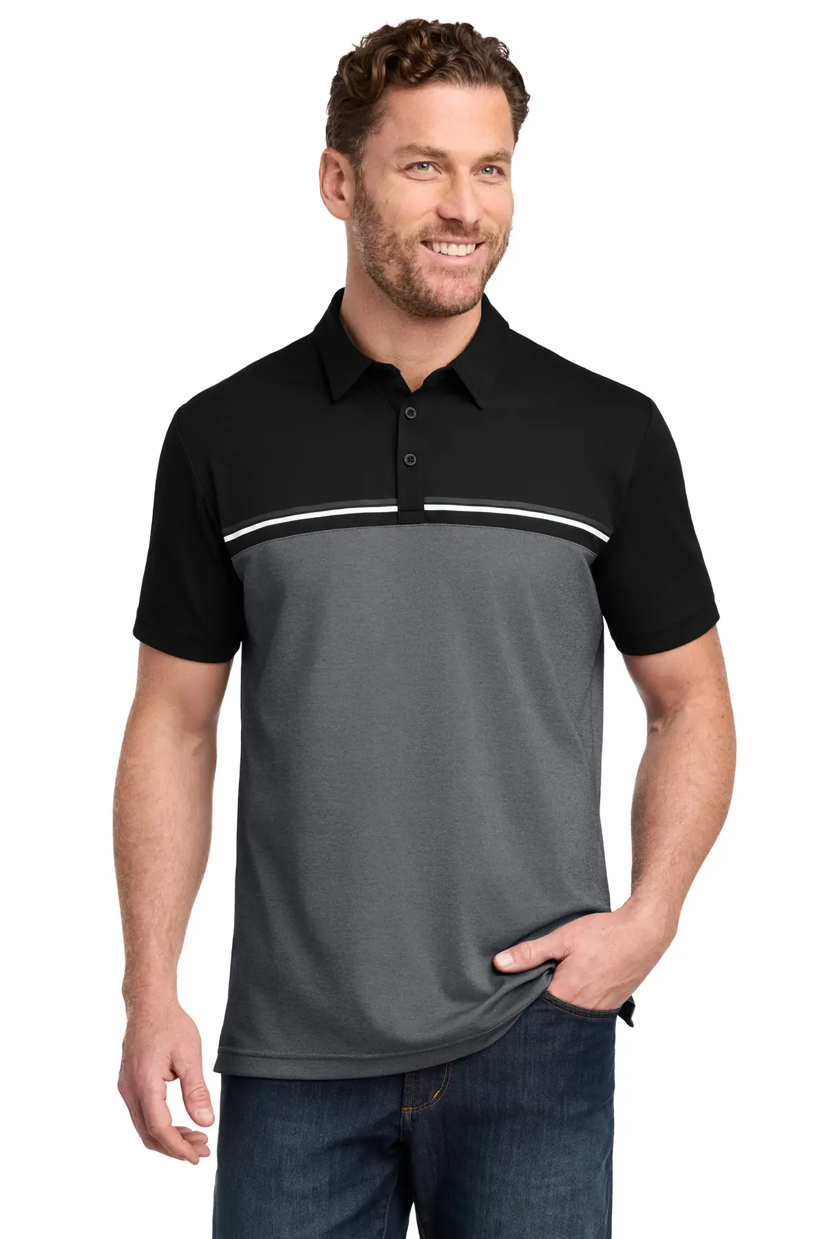 TravisMathew Sunset Blocked Polo in Black/ Dark Grey Heather
