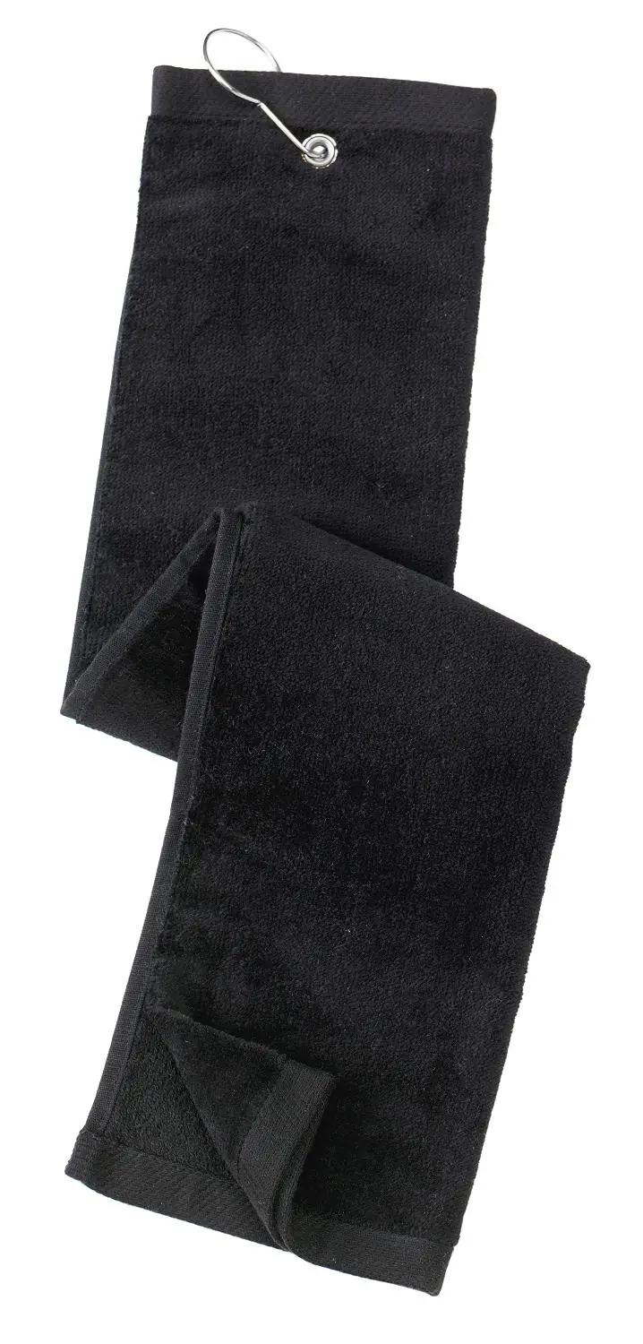 Port Authority Grommeted Tri-Fold Golf Towel. in Black