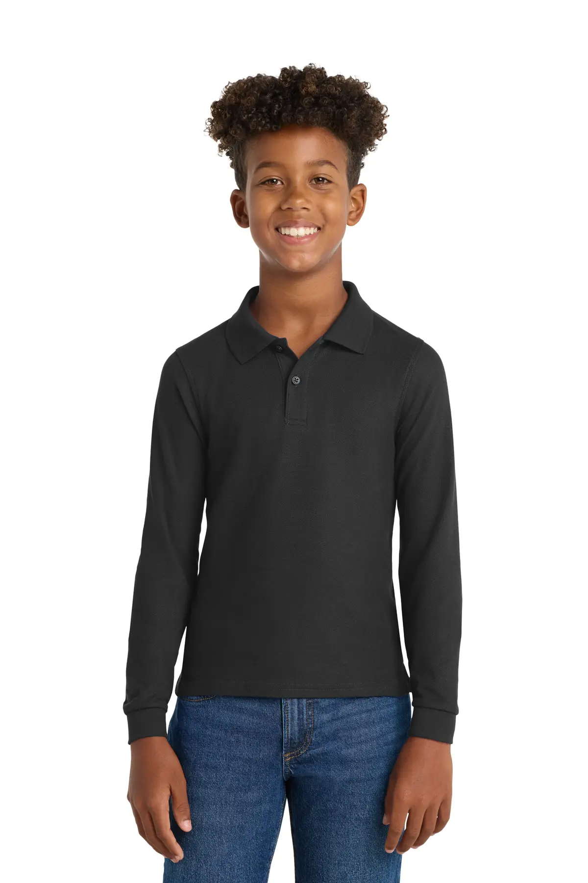 Port Authority Youth Long Sleeve Silk Touch Polo. in Black