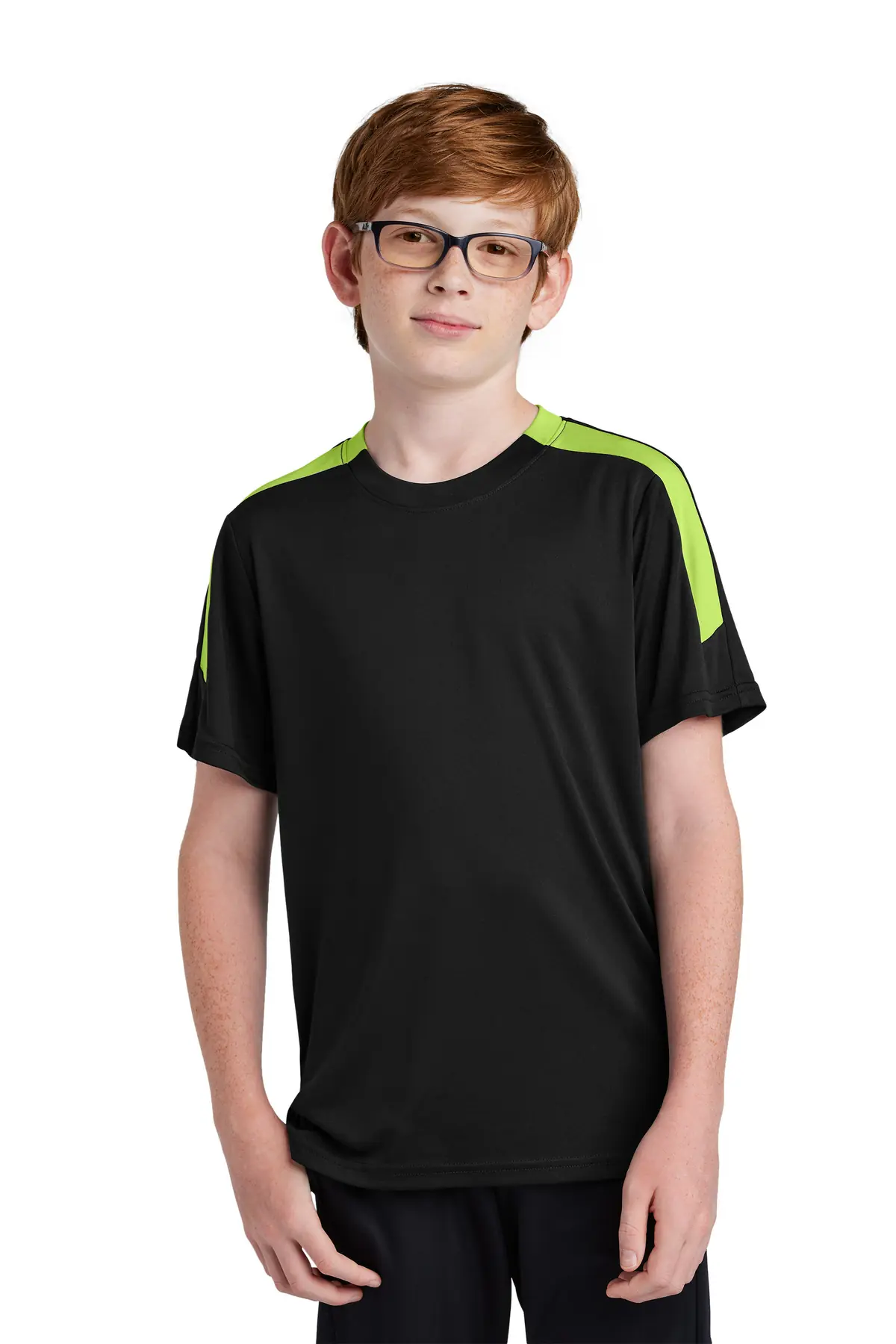Sport-Tek Youth Competitor United Crew in Black/ Lime Shock