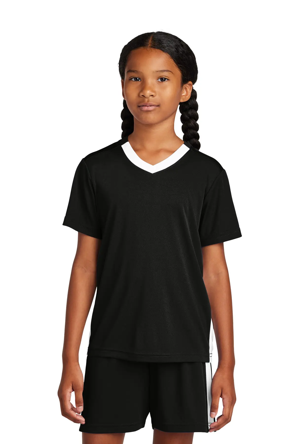 Sport-Tek Youth Competitor United V-Neck in Black/ White