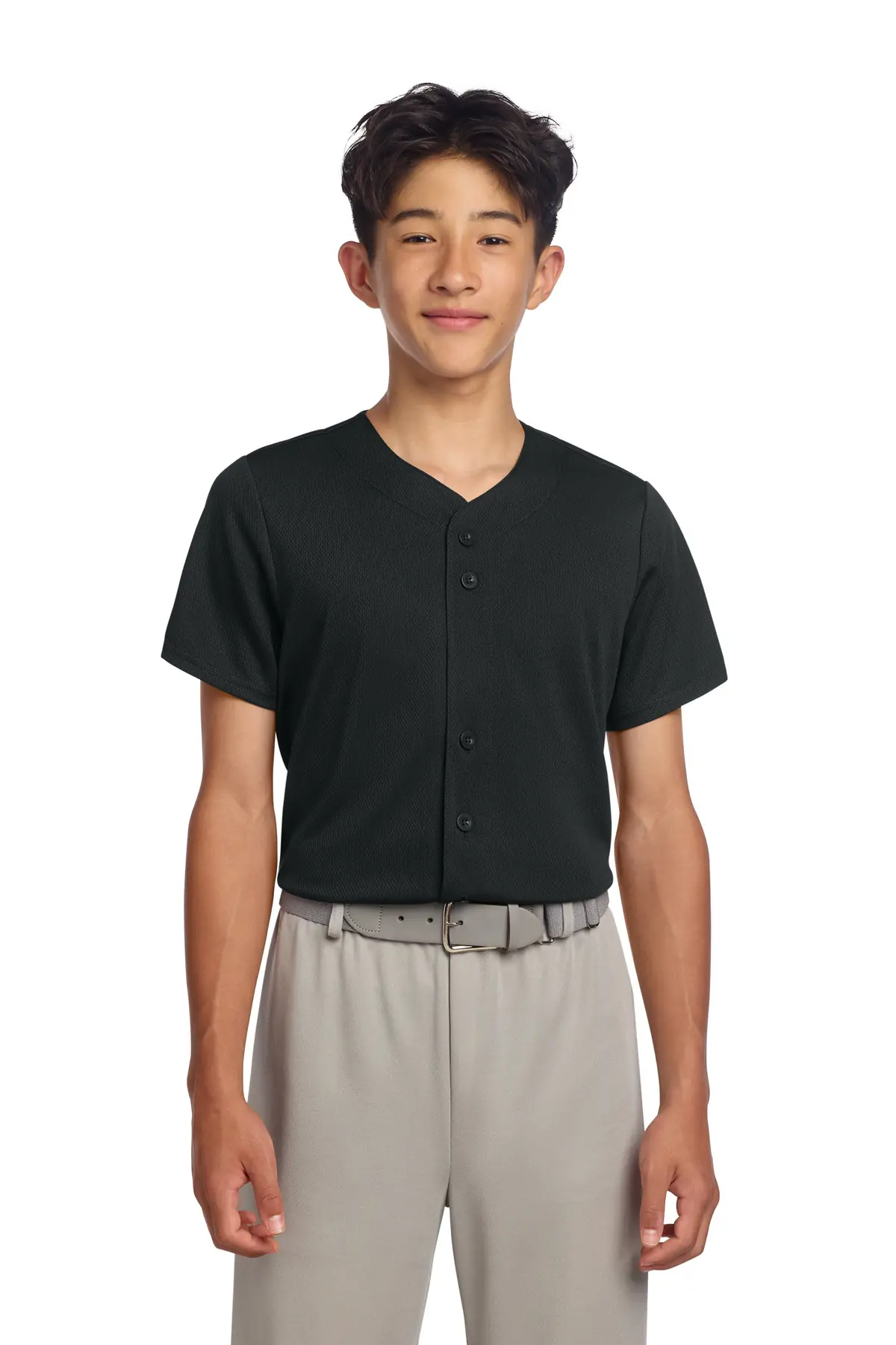 Sport-Tek Youth PosiCharge Tough Mesh Full-Button Jersey in Black
