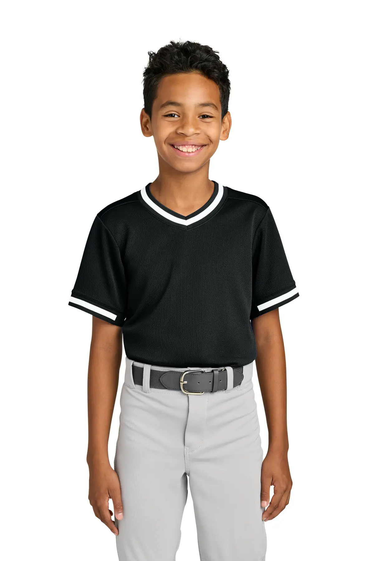 Sport-Tek Youth Tough Mesh V-Neck Baseball Jersey in Black