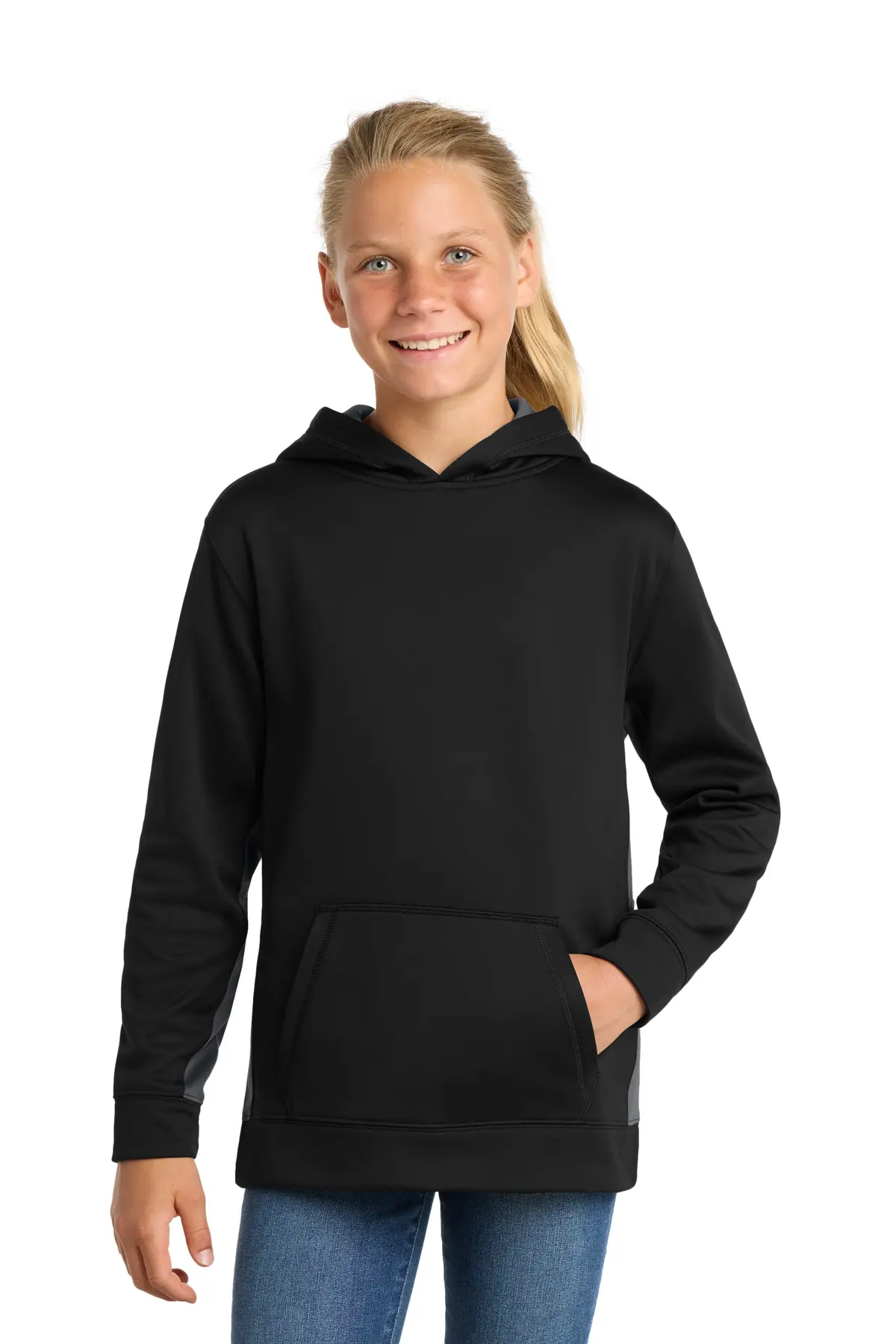 Sport-Tek Youth Sport-Wick Fleece Colorblock Hooded Pullover. in Black/ Dark Smoke Grey