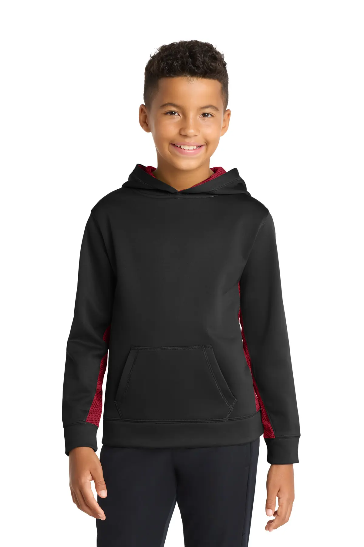 Sport-Tek Youth Sport-Wick CamoHex Fleece Colorblock Hooded Pullover. in Black/ Deep Red