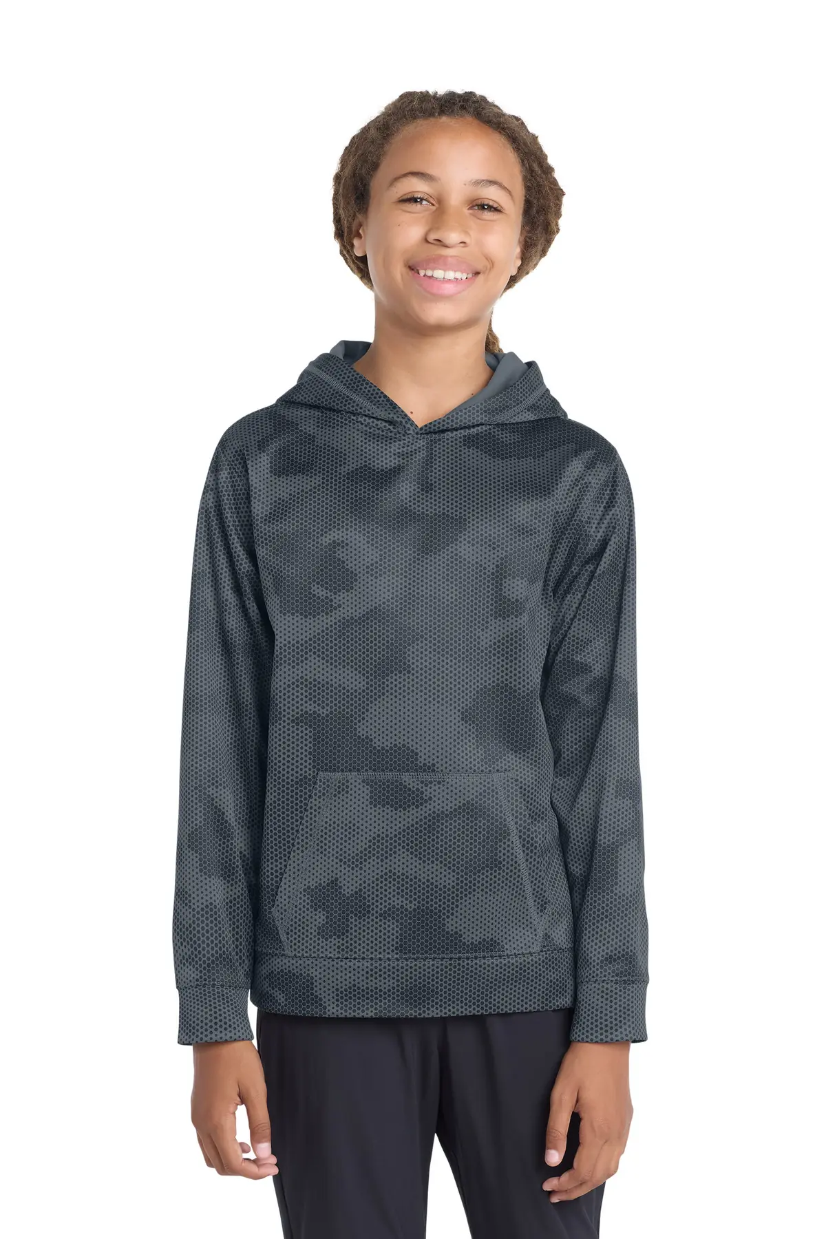 Sport-Tek Youth Sport-Wick CamoHex Fleece Hooded Pullover. in Dark Smoke Grey