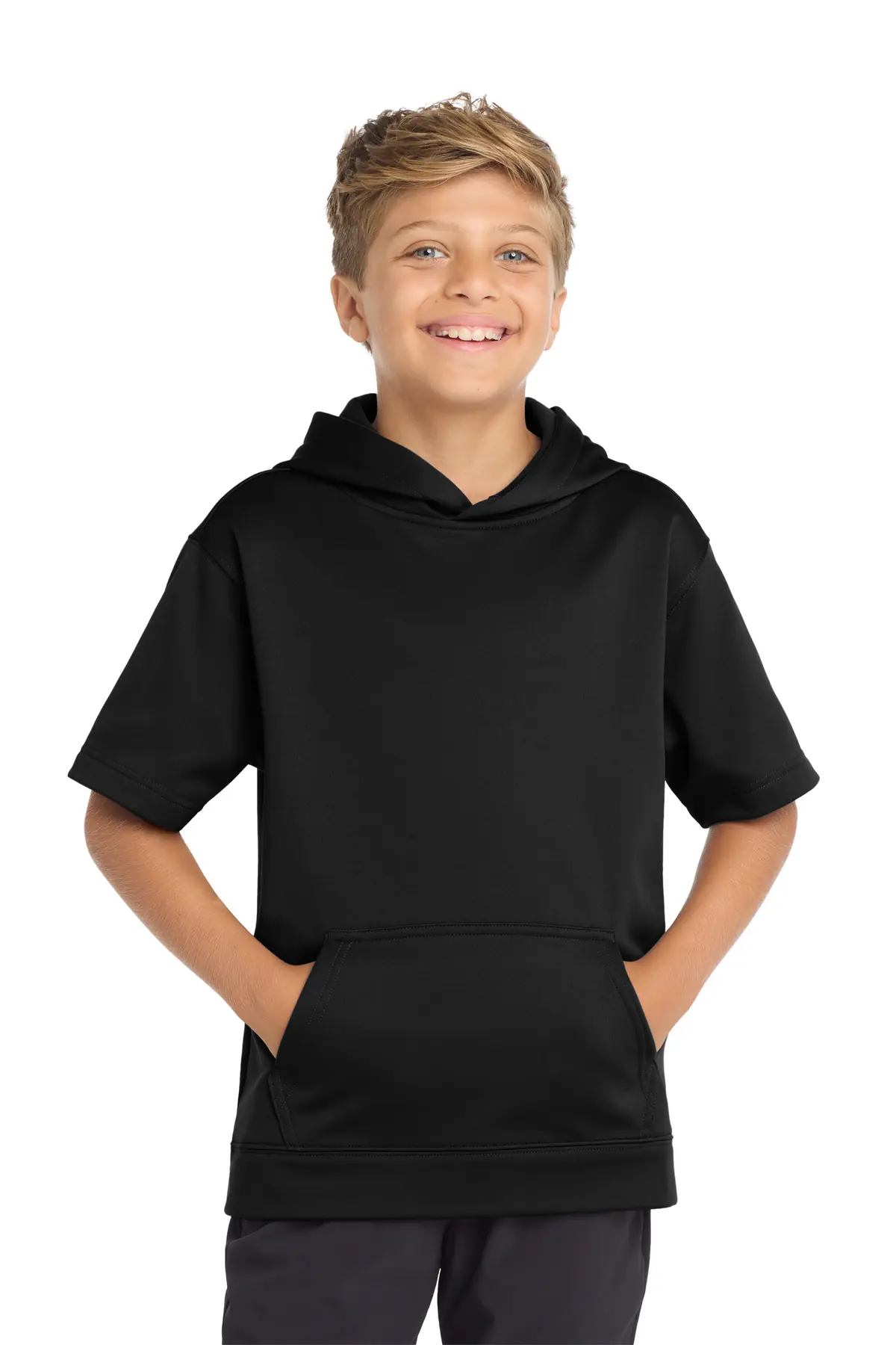 Sport-Tek Youth Sport-Wick Fleece Short Sleeve Hooded Pullover. in Black