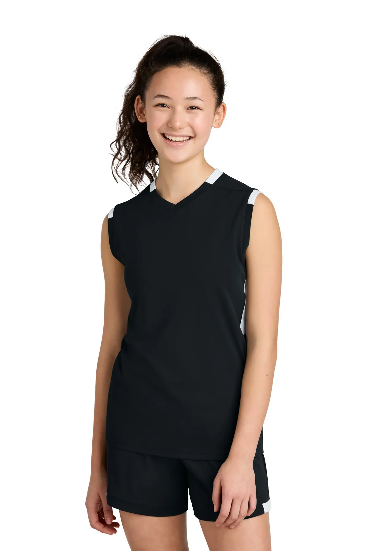 Sport-Tek Youth Club Sleeveless V-Neck in Black/ White