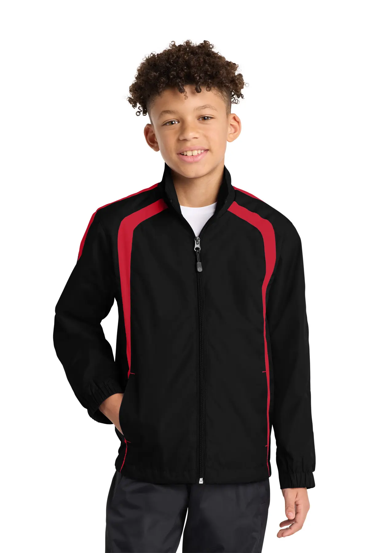 Sport-Tek Youth Colorblock Raglan Jacket. in Black/ True Red