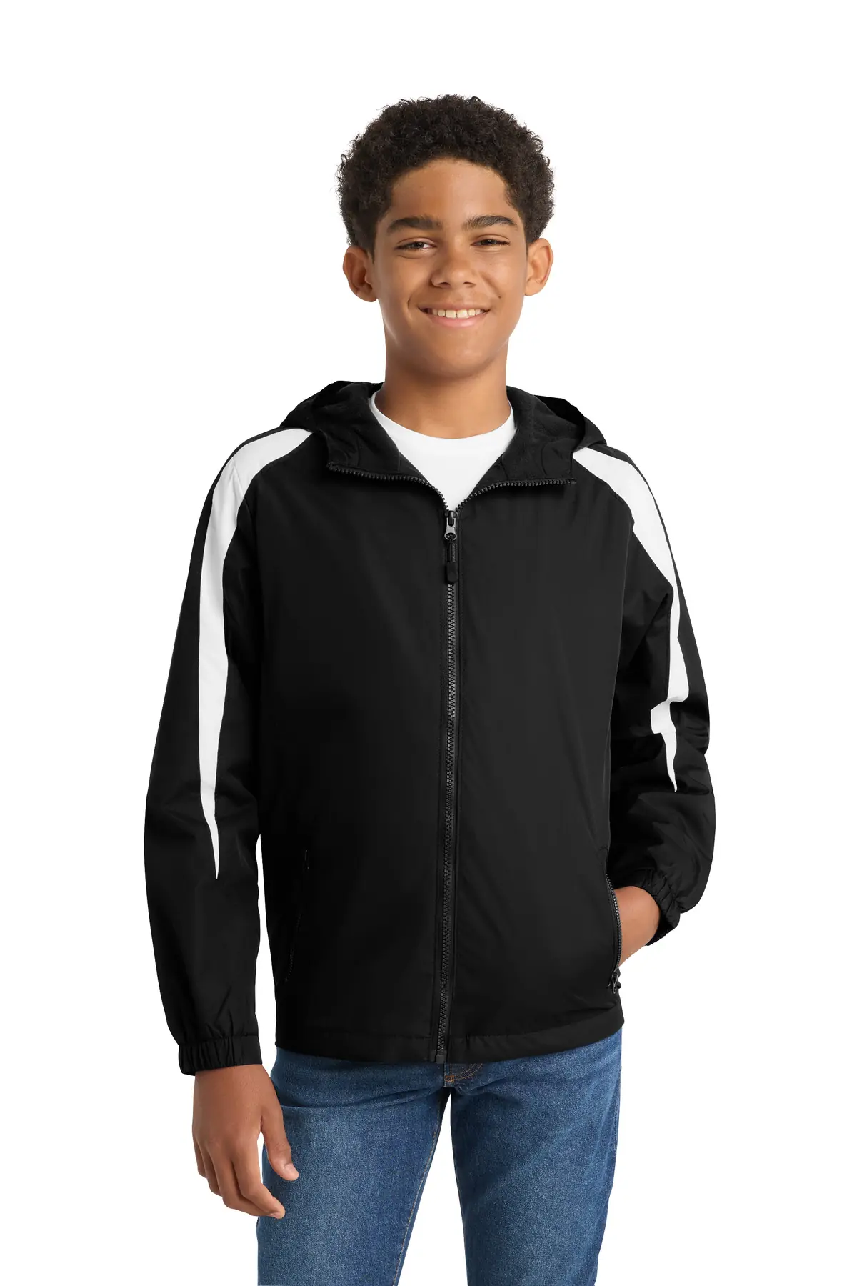 Sport-Tek Youth Fleece-Lined Colorblock Jacket. in Black/ White